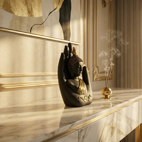 Black-Golden Handcrafted Meditating Palm Buddha Idol