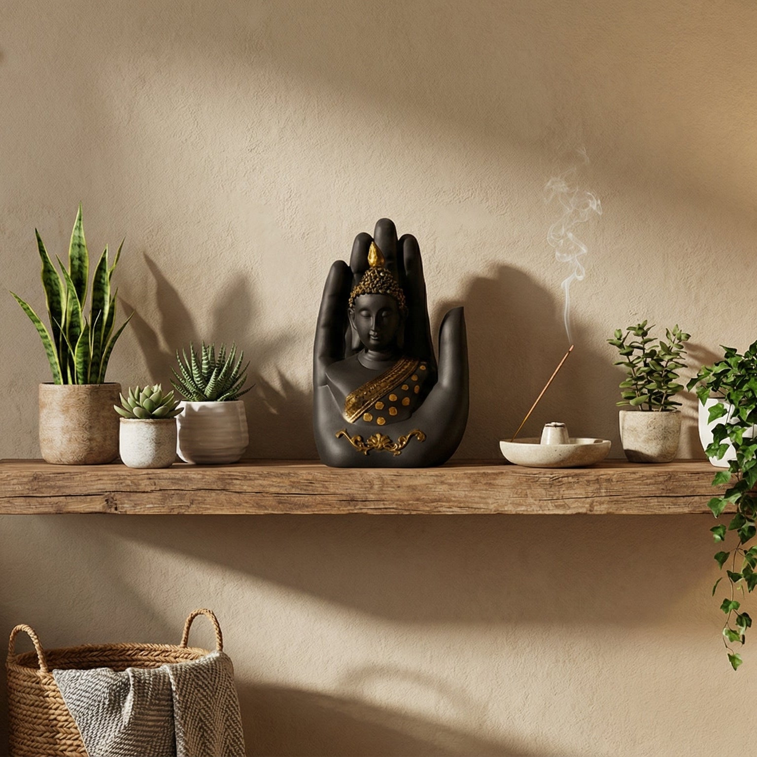 Black-Golden Handcrafted Meditating Palm Buddha Idol