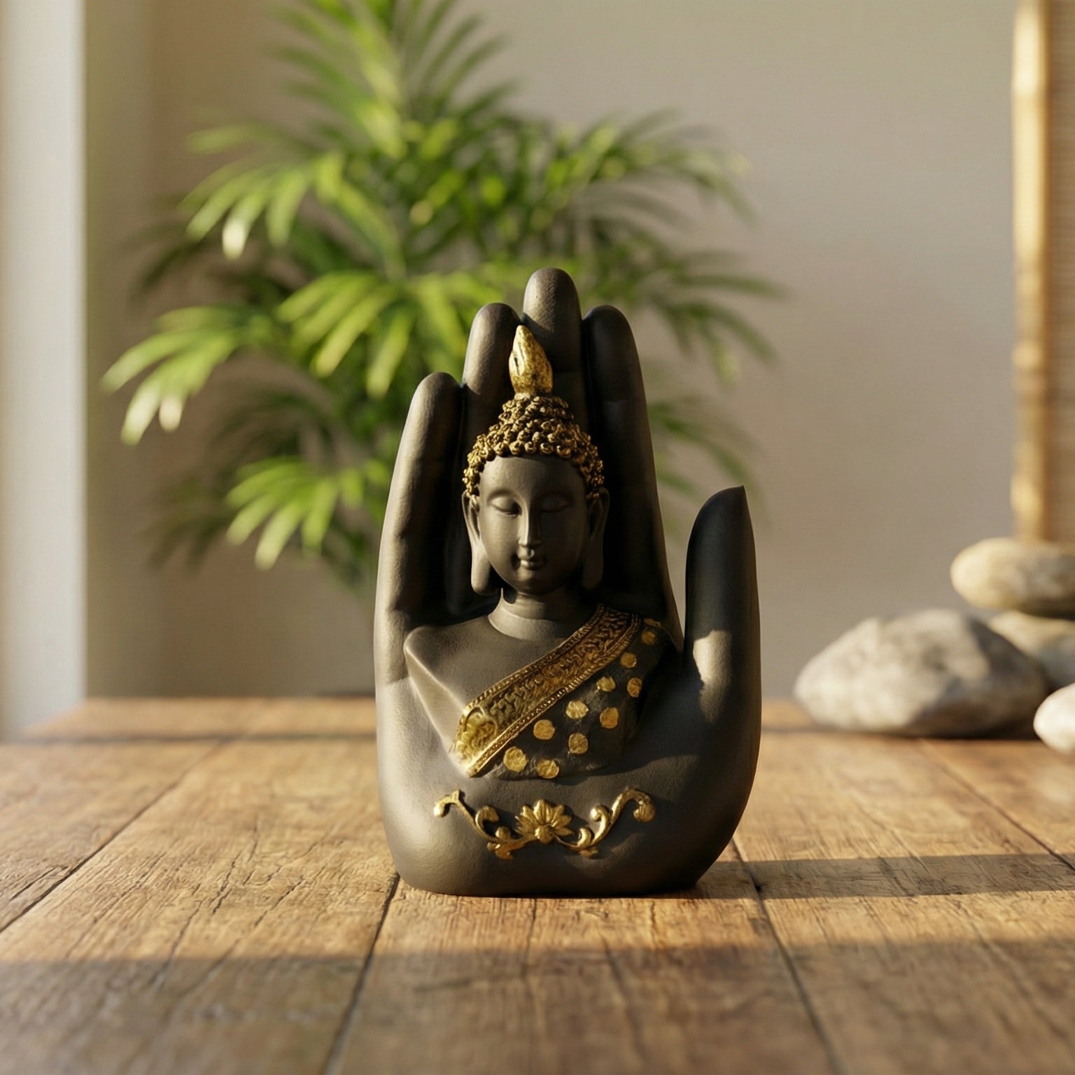Black-Golden Handcrafted Meditating Palm Buddha Idol