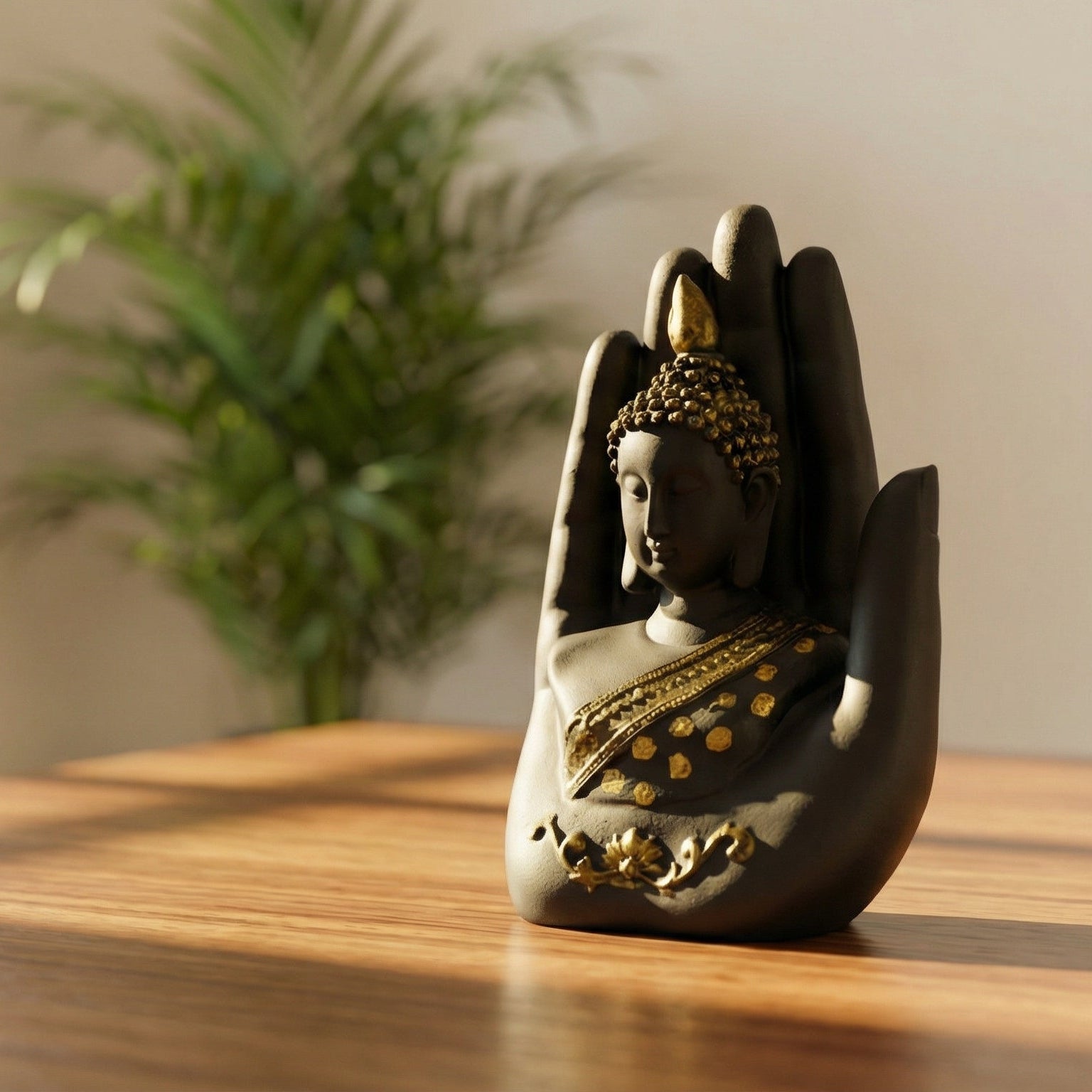 Black-Golden Handcrafted Meditating Palm Buddha Idol